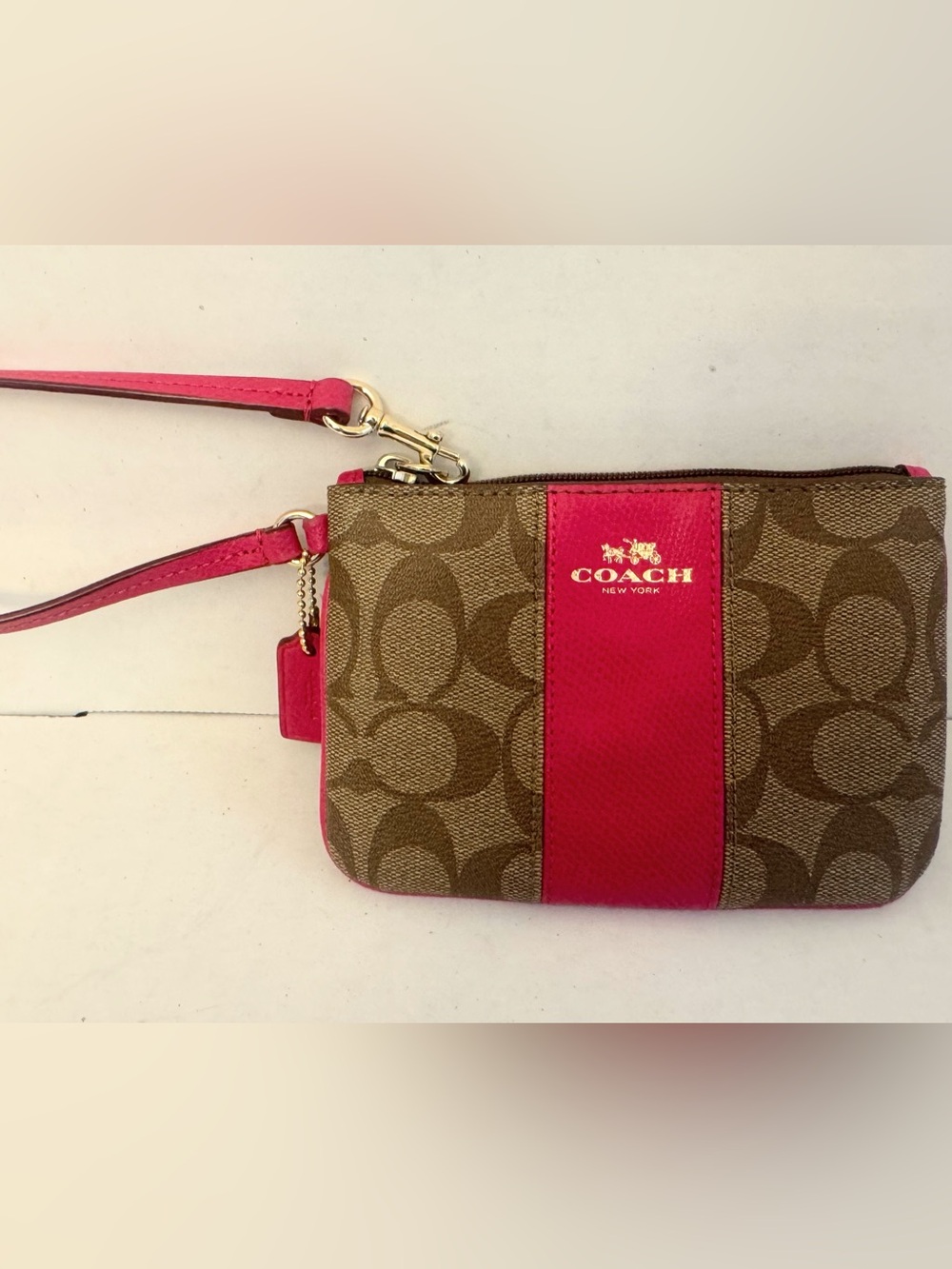 Coach Pink and Brown Signature Wristlet Clutch